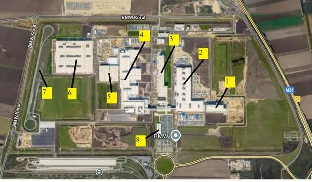 A debreceni BMW-gy&aacute;r legfontosabb egys&eacute;gei (Forr&aacute;s: saj&aacute;t szerkeszt&eacute;s a maps.google.hu alapj&aacute;n)